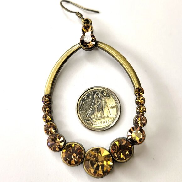 Gold Amber Rhinestone Large Oval Earrings - Picture 3 of 11